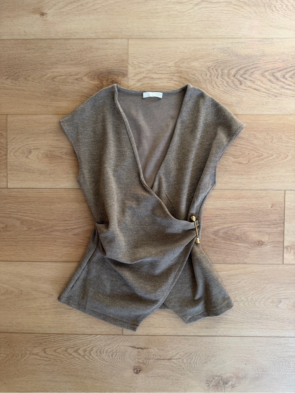 Zara Taupe Wrap-Front Knit Top with Pin Detail